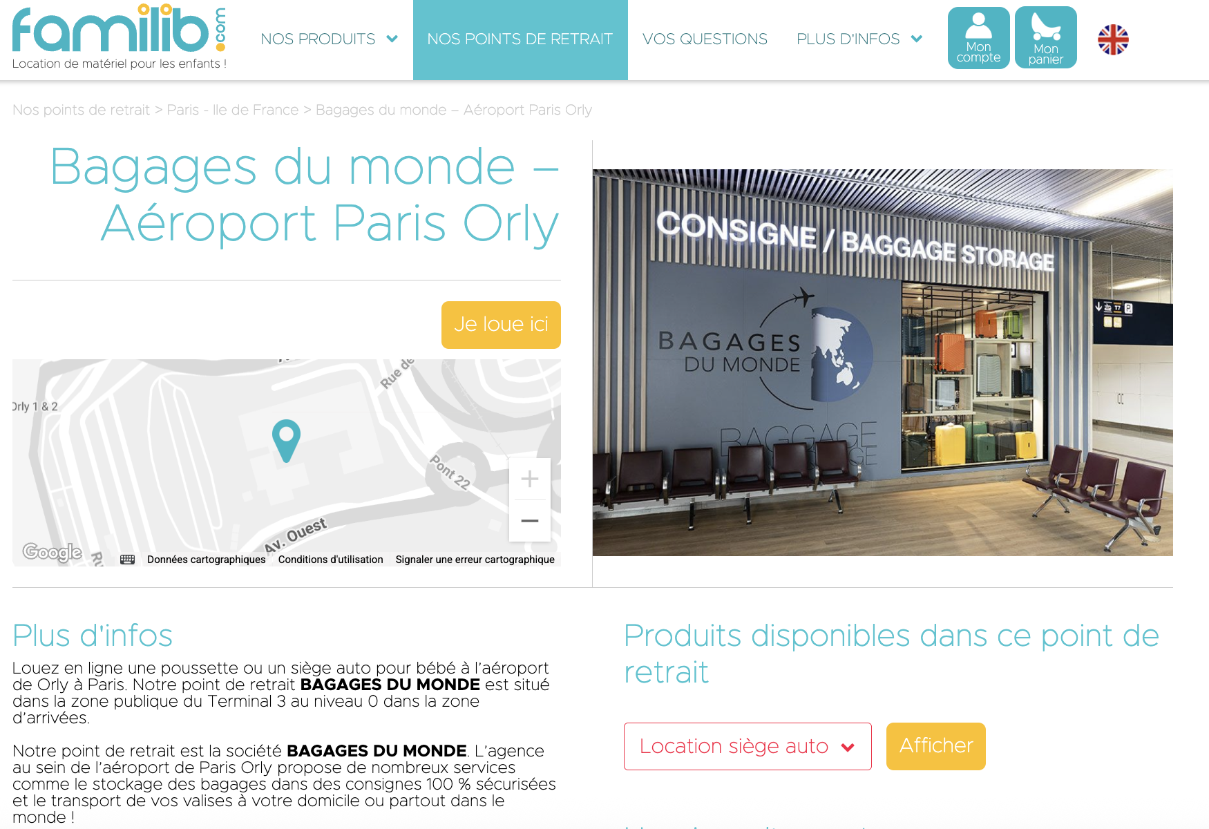 location siege auto bébé aéroport Orly